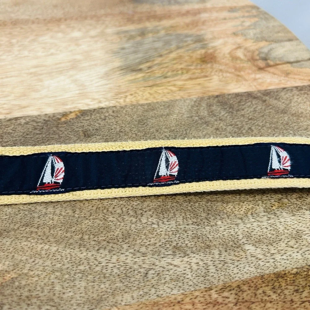 Vintage Men's Leather Canvas Ribbon Belt Sailboat Men's Navy Blue 38-41